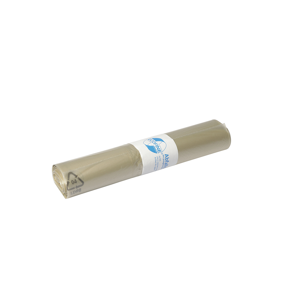 Afgebeeld is een rol DEISS ECOFINE® afvalzakken 13900 van gerecycled LDPE/LLDPE 120 liter van EMIL DEISS KG (GmbH + Co.), verpakt in een wit etiket met blauwe tekst en grafiek, op witte achtergrond.