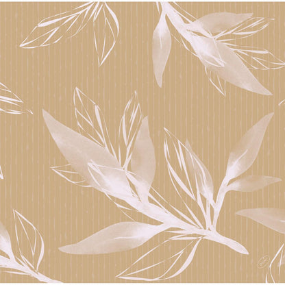Ein nahtloses Muster aus weißen, durchscheinenden botanischen Blättern überlagert sich auf einem hellbraunen Hintergrund mit dünnen vertikalen Linien - ideal für hochwertige Dunisoft-Servietten 40 x 40 cm 1/4 Falz von Duni GmbH, die einen mehrschichtigen Look mit stilisiertem Blattwerk erzeugen.