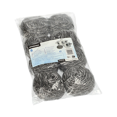 Un emballage en plastique transparent avec huit nettoyants à spirale Starpak, acier inoxydable Ø 7,5 cm · 6 cm, grattant | Film (8 pièces), avec une étiquette bleu-blanc contenant les détails du produit et des images de casseroles pour un nettoyage efficace.