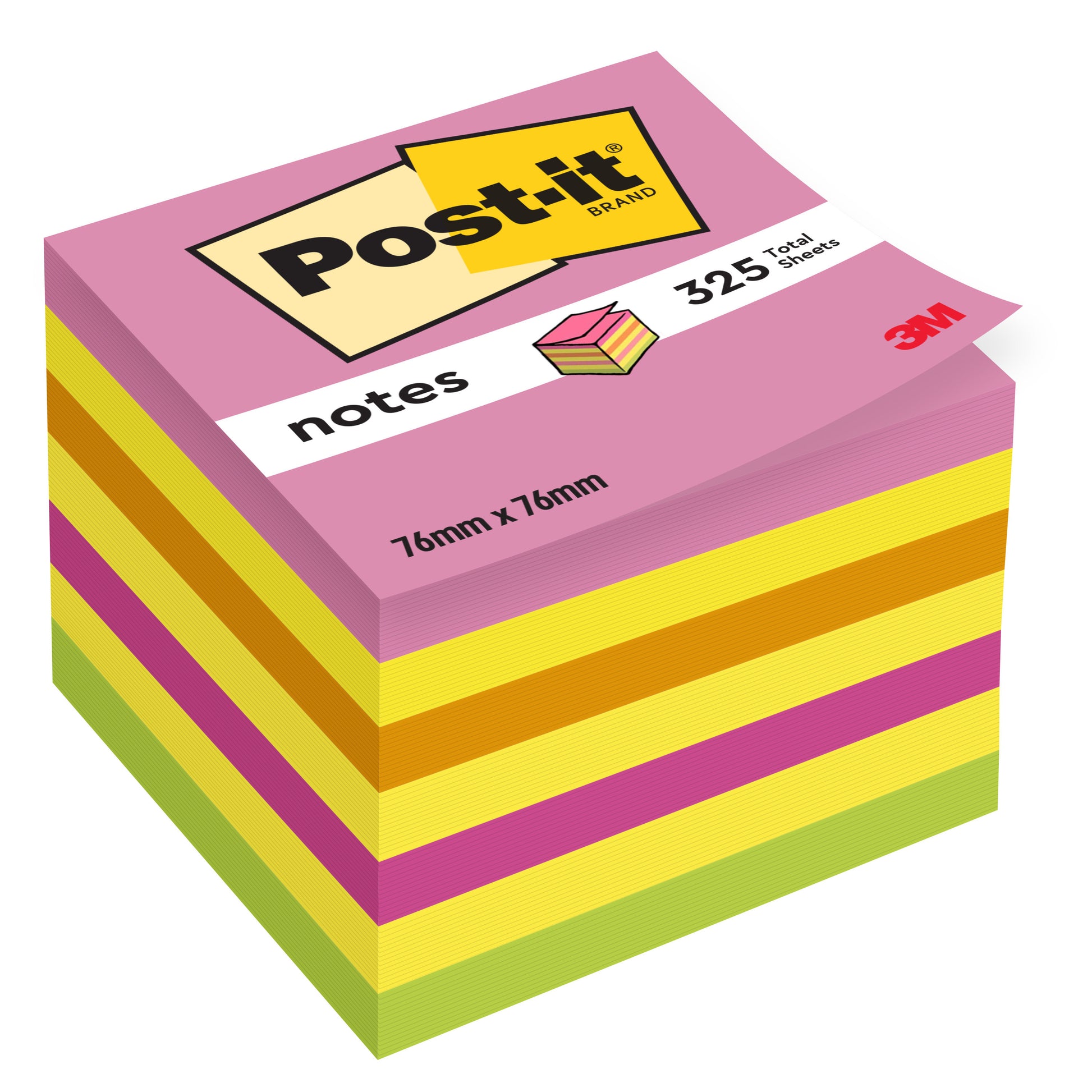 Ein Stapel 3M Post-it® Notes Würfel in rosa und gelb, 76 x 76 mm, beschriftet mit "325 Blatt/Block", mit dem 3M Logo. Enthält einen Block pro Packung; PEFC-zertifiziert.