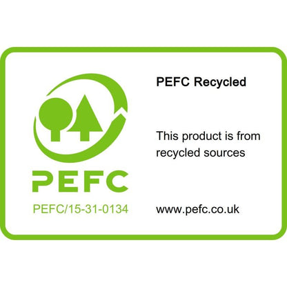 Het PEFC Recycled-label op de Post-it® Recycling Notes (38 mm x 51 mm, 100 vel/Blok, 100% PEFC) van 3M Deutschland GmbH wijst op gerecyclede bronnen en toont het logo, het certificeringsnummer en www.pefc.co.uk in groen en zwart op wit.