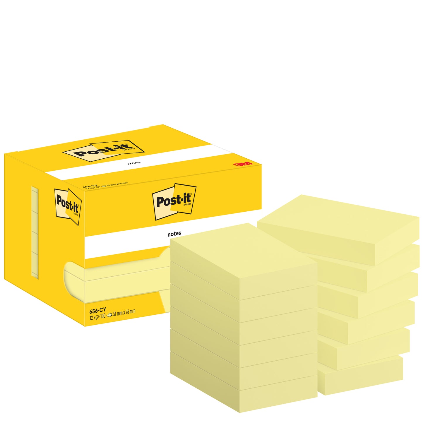 Abgebildet ist eine gelbe Schachtel Post-it® Notes (3M Deutschland GmbH) mit mehreren gelben Haftnotizen-Blöcken (51 x 76 mm, 100 Blatt/Block, 12 Blöcke/Packung), in Kartonverpackung, PEFC-zertifiziert (SGSCH-PEFC-COC-110078).