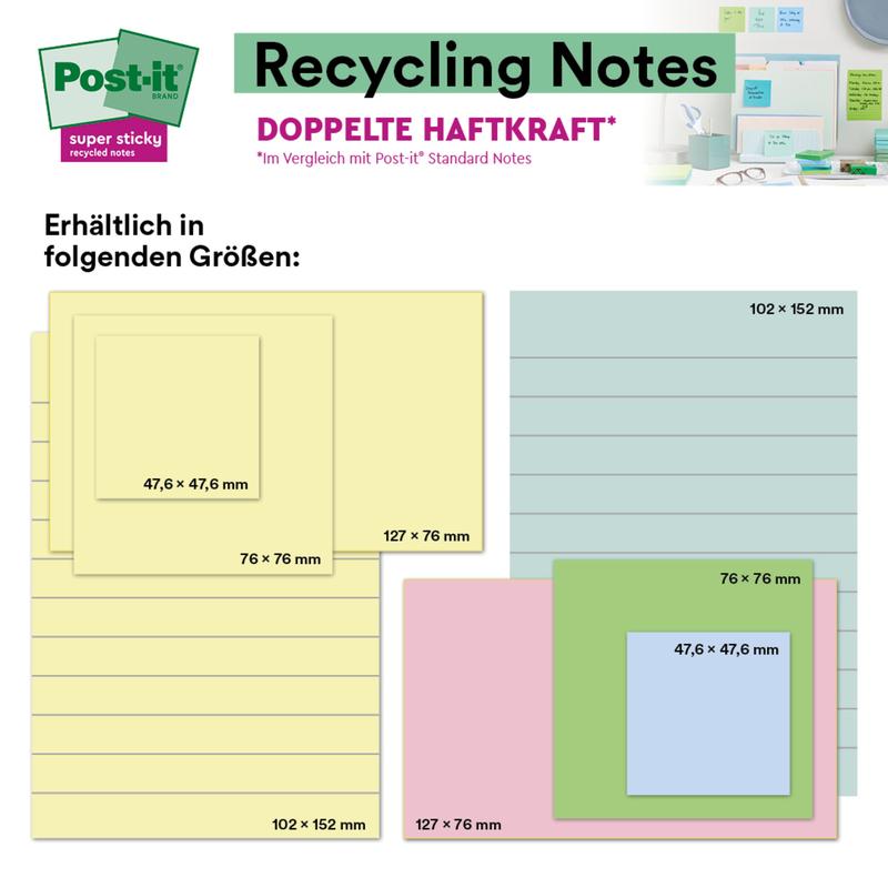 Un présentoir avec les Post-it® Super Sticky 100% recyclés de 3M Deutschland GmbH, 76x76 mm, 70 feuilles/bloc, certifiés PEFC, dans les couleurs pastel jaune, bleu, rose et vert avec texte allemand et dimensions sur fond blanc.