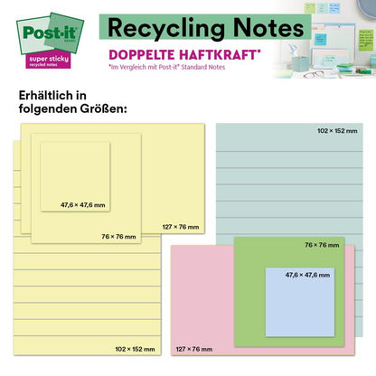 Un présentoir avec les Post-it® Super Sticky 100% recyclés de 3M Deutschland GmbH, 76x76 mm, 70 feuilles/bloc, certifiés PEFC, dans les couleurs pastel jaune, bleu, rose et vert avec texte allemand et dimensions sur fond blanc.