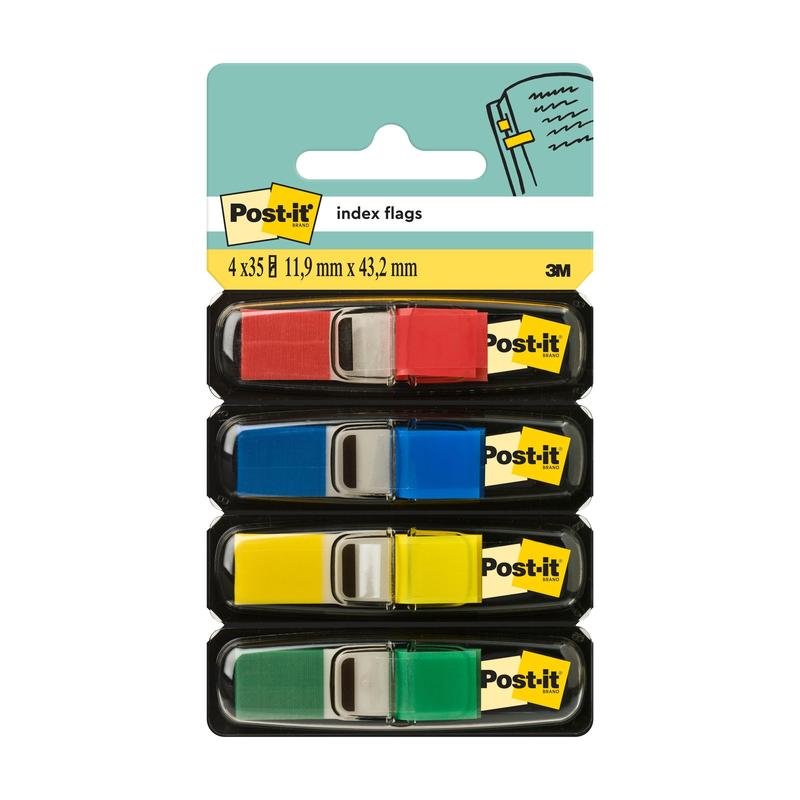 Un paquet de mini bandes adhésives Post-it® Index de 3M Deutschland GmbH contient quatre distributeurs (rouge, bleu, jaune, vert) avec 35 fanions chacun (11,9 mm x 43,2 mm), comme illustré sur l'étiquette avec le logo 3M visible.