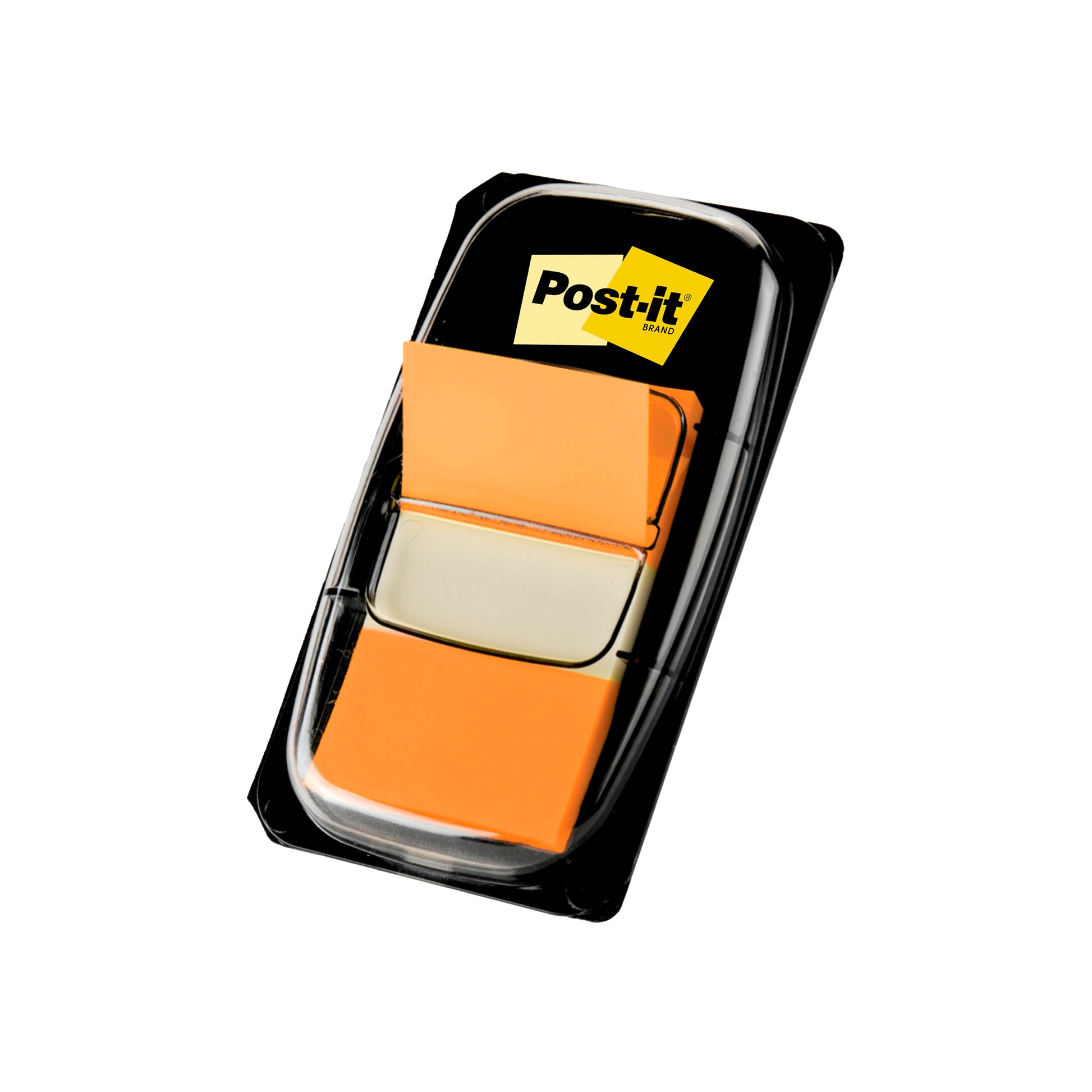 Eine Packung 3M Deutschland GmbH Post-it® Index Haftstreifen, Standard (25,4 mm x 43,2 mm), 50 Stück in einem schwarzen Spender mit sichtbarem Markenetikett, abgebildet auf weißem Hintergrund.