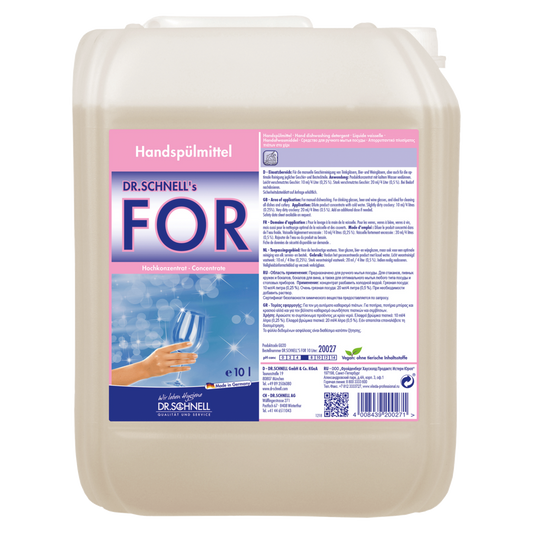 Ein 10-Liter-Kunststoffbehälter von Dr. Schnell FOR Handspülmittel der DR.SCHNELL GmbH & Co. KGaA zeigt ein rosa-blaues Etikett mit einer Hand, die ein sauberes Weinglas hält, und eine deutsche Produktinformation für das Geschirrspülen in der Gastronomie.