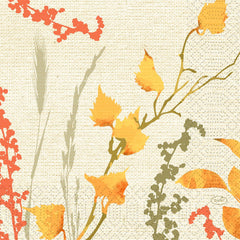Herfstachtige planten en bladeren in aquarelstijl in oranje, geel en groen sieren de servetten van Duni GmbH, 33x33, 3-laags, 1/4-vouw, Beauty (250 stuks), met een gestructureerde beige achtergrond en elegante, natuurlijke patronen.