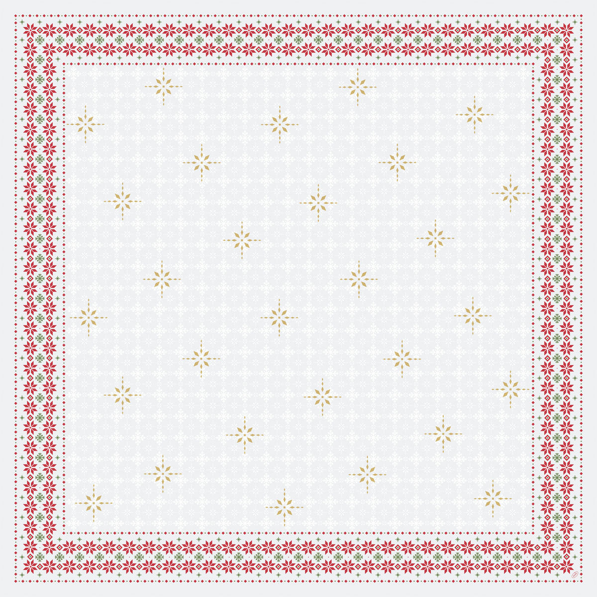 Die Dunicel-Mitteldecke 84x84cm Tradition von Duni GmbH hat einen weißen Hintergrund mit goldenen Sternen und roten Blumenborten - eine ideale, dekorative Wahl für festliche Anlässe. Die Packung enthält 20 Stück.