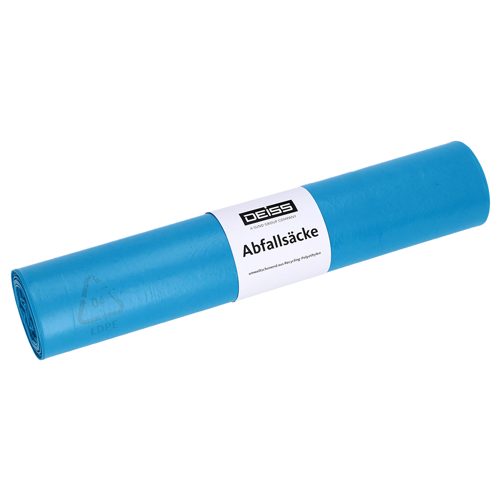 Un rouleau de sacs poubelles EMIL DEISS KG (GmbH + Co.), DEISS 20103 - 500+400x1100 mm Type 70 bleu, rouleau de 25 pièces avec étiquette blanche pour une élimination pratique des déchets, présenté sur fond blanc.