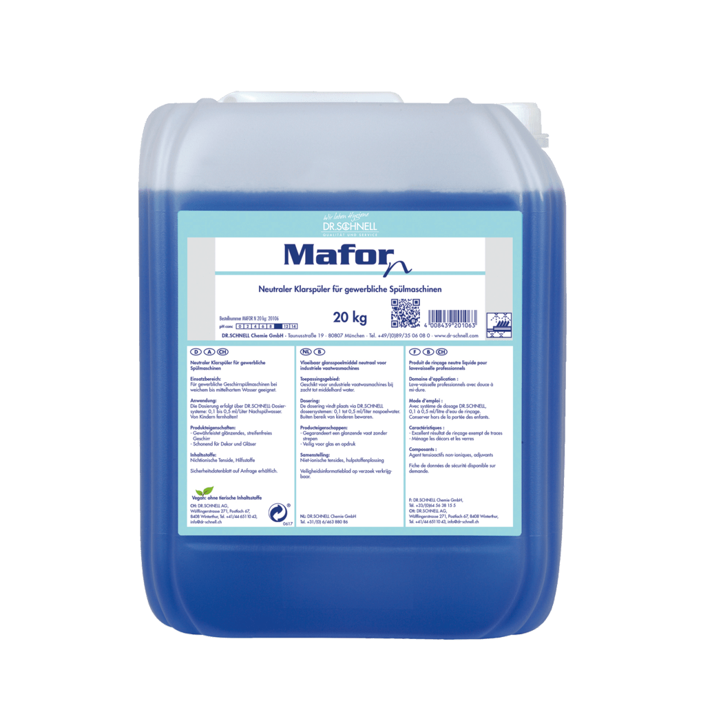Ein 20 kg Kunststoffbehälter Dr. Schnell MAFOR N 1 Klarspüler für Geschirrspülmaschinen von DR.SCHNELL GmbH & Co. KGaA, blaue Flüssigkeit, deutsches Etikett, für gewerbliche Geschirrspülmaschinen, sorgt für streifenfreien Glanz auf dem Geschirr.