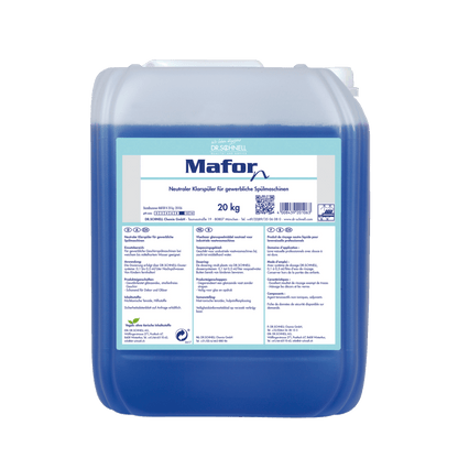 Ein 20 kg Kunststoffbehälter Dr. Schnell MAFOR N 1 Klarspüler für Geschirrspülmaschinen von DR.SCHNELL GmbH & Co. KGaA, blaue Flüssigkeit, deutsches Etikett, für gewerbliche Geschirrspülmaschinen, sorgt für streifenfreien Glanz auf dem Geschirr.