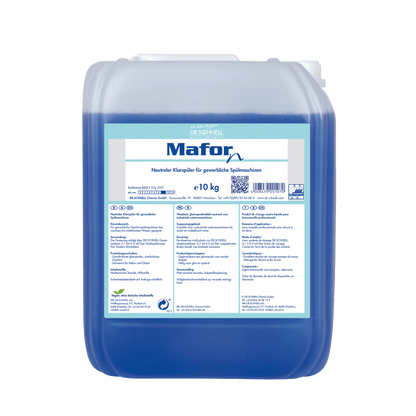 Ein 10 kg durchsichtiger Kunststoffbehälter von Dr. Schnell MAFOR N 1 Klarspüler für Geschirrspülmaschinen von DR.SCHNELL GmbH & Co. KGaA, gefüllt mit blauer Flüssigkeit; Frontetikett in deutscher Sprache mit der Angabe streifenfreier Glanz in gewerblichen Spülmaschinen.