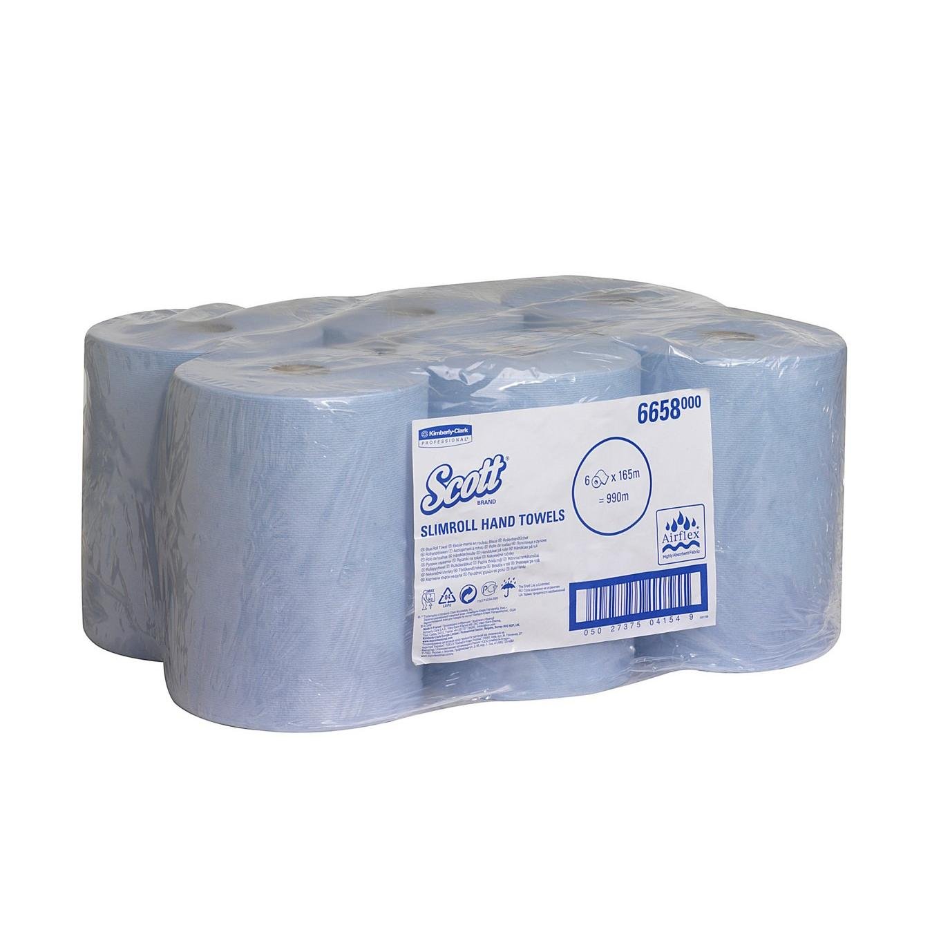 Un paquet de six serviettes Scott® Slimroll™ de Kimberly-Clark GmbH, des rouleaux bleus peu encombrants dans une enveloppe en plastique transparent avec une étiquette de produit visible et un code-barres sur le devant.