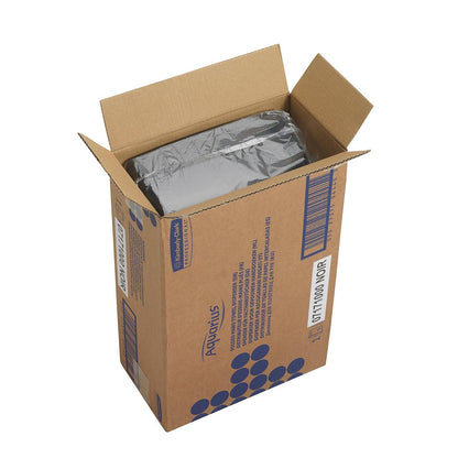 Ein offener Aquarius™ Spender für gefaltete Handtücher - Interfold von Kimberly-Clark GmbH in schwarz, verpackt in einem Karton mit blauer Grafik, ideal als Spender für gefaltete oder interfold Handtücher.