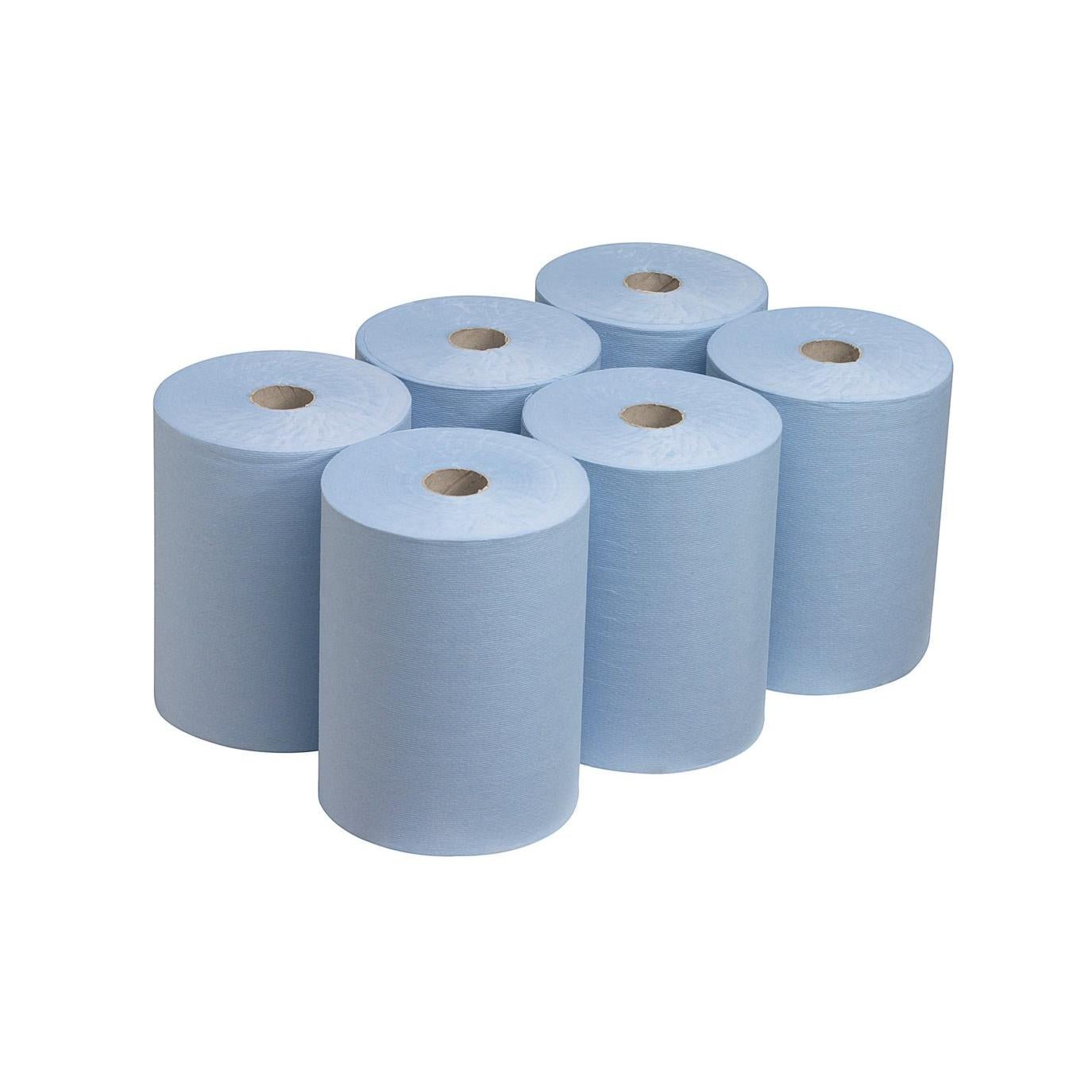 Six serviettes Scott® Slimroll™ de Kimberly-Clark GmbH sont disposées en deux rangées sur fond blanc. Chaque rouleau a un noyau en carton visible et offre une solution peu encombrante pour une utilisation industrielle.