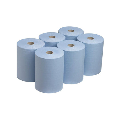 Six serviettes Scott® Slimroll™ de Kimberly-Clark GmbH sont disposées en deux rangées sur fond blanc. Chaque rouleau a un noyau en carton visible et offre une solution peu encombrante pour une utilisation industrielle.