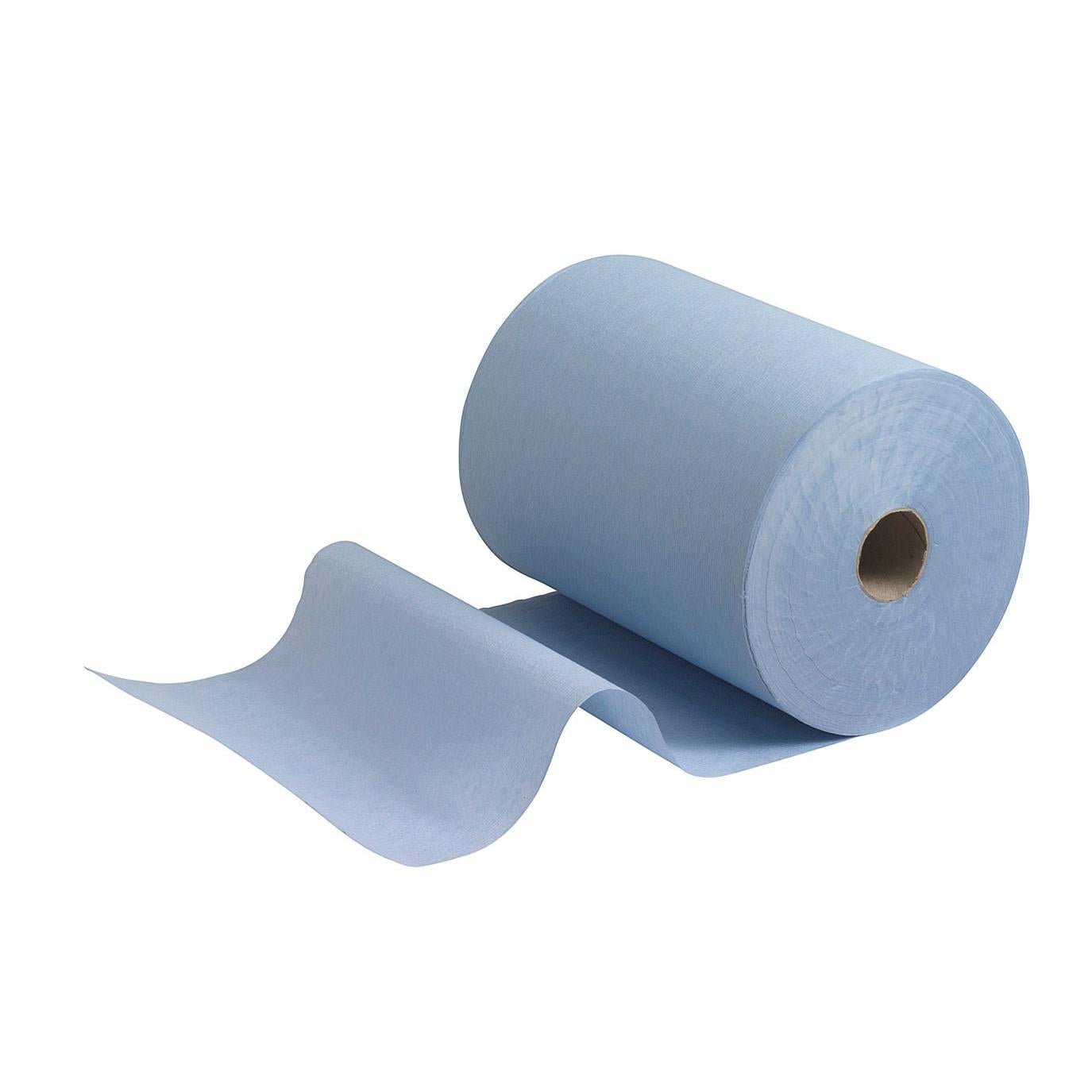 Les serviettes Scott® Slimroll™ de Kimberly-Clark GmbH - un rouleau de serviette en papier bleu industriel avec une feuille déroulée sur fond blanc - conviennent idéalement comme solution de serviette peu encombrante pour la distribution de serviettes en papier absorbantes sur des lieux de travail très fréquentés.