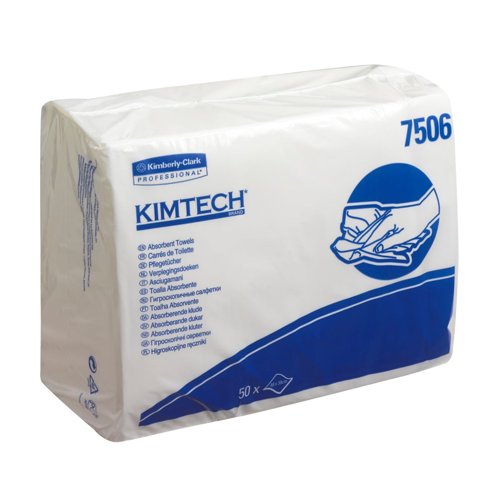 Eine versiegelte weiß-blaue Verpackung der Kimberly-Clark GmbH mit der Aufschrift "Kimtech® Saugfähige Pflegetücher - Z gefaltet" enthält 16 Beutel zu je 50 Blatt, mit mehrsprachiger Anleitung und Abbildung zum Händetrocknen für den professionellen Gebrauch.