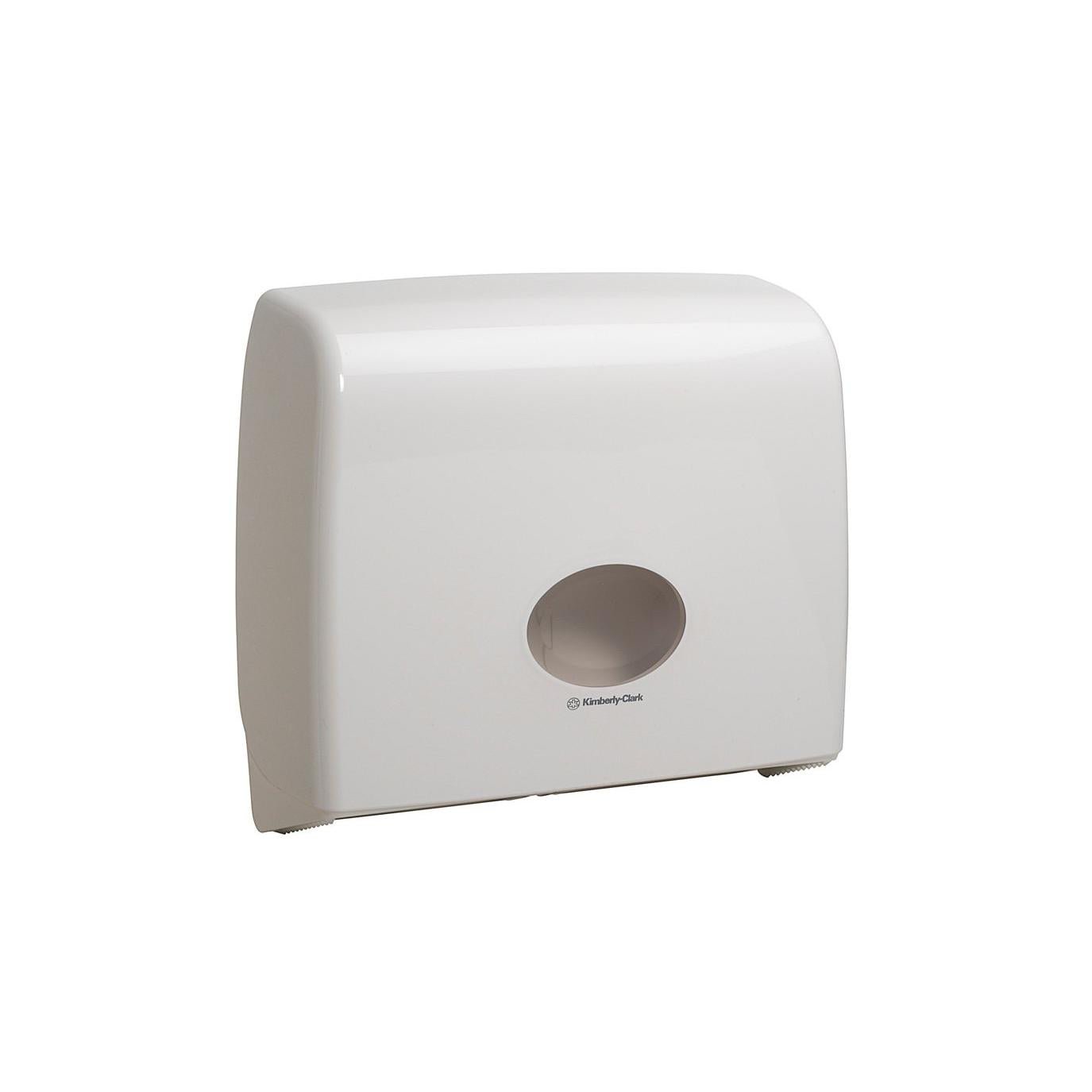 Le distributeur de papier toilette Kimberly-Clark Aquarius™ - Jumbo Non-Stop (Blanc) est un distributeur mural blanc avec un dessus arrondi et une ouverture centrale, offrant une solution hygiénique. Le logo Kimberly-Clark est situé juste en dessous de l'ouverture. Fond blanc uni.