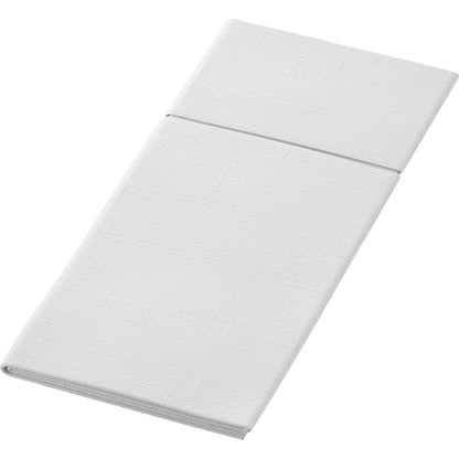 Die Bio Duniletto Slim 400 x 330 mm von Duni GmbH ist eine gefaltete weiße Stoffserviette mit dezentem Strukturmuster, hergestellt aus nachhaltigen Materialien, schräg gelegt für eine umweltfreundliche Tischdekoration.