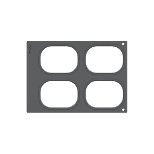 Die Kassette DF 10/DF20 für Brick Mini (4-nutzig) der Duni GmbH ist eine graue Silikonform mit vier großen, abgerundeten, rechteckigen Vertiefungen, einem kleinen Loch oben rechts und der Nummer 199254 - perfekt zum Verpacken und Aufbewahren.