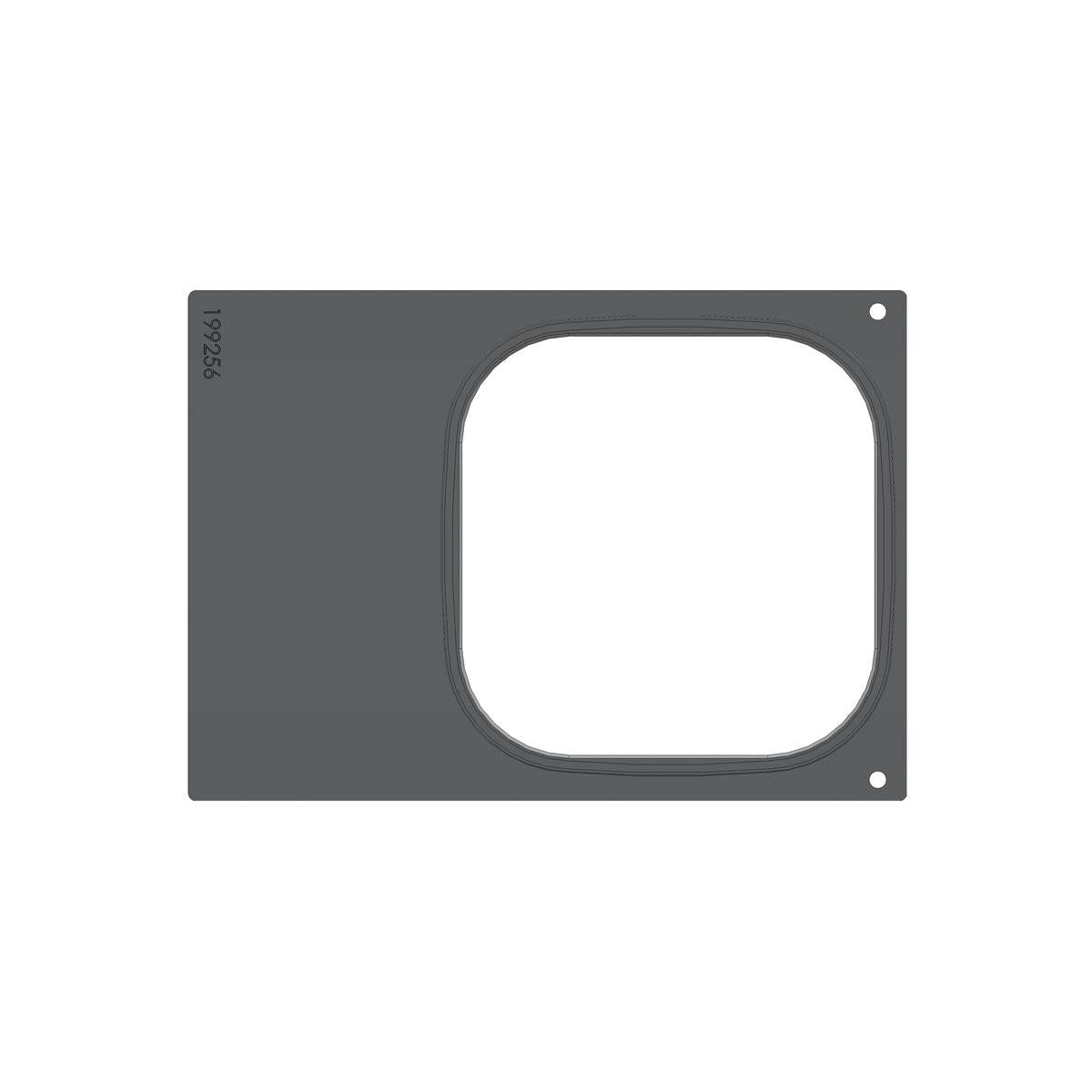 Die rechteckige, flache, dunkelgraue Kassette DF 10/DF20 für Brick Large (1-nutzig) der Duni GmbH hat einen großen, rechtsseitig abgerundeten quadratischen Ausschnitt und zwei kleine Ecklöcher; am linken Rand ist "199256" aufgedruckt. Die Packung enthält 1 Stück.