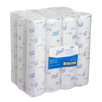 Eine versiegelte Kunststoffpackung enthält mehrere Kimberly-Clark GmbH Scott® Ärzterollen - Rolle, 38,00 cm x 51,00 cm, jeweils einzeln verpackt für die hygienische Patientenversorgung und den Einsatz auf medizinischen Untersuchungsliegen.