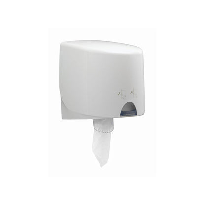 Een aan de muur gemonteerde witte WypAll® L10 papieren doekjesdispenser van Kimberly-Clark GmbH houdt een enkel, hangend vel vast; duidelijke symbolen tonen correcte en onjuiste centrale afnamemethoden voor hygiënisch, voedselveilig handdoekgebruik. 6 rollen x 800 vellen per doos.