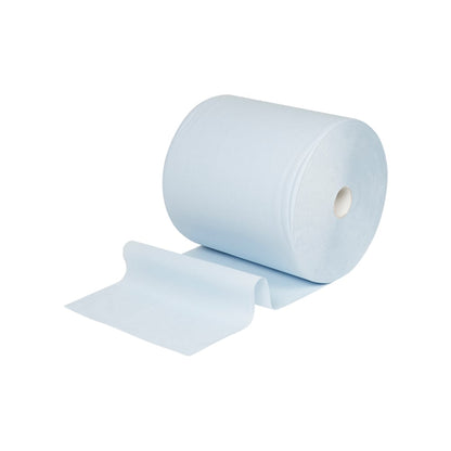 Een grote rol WypAll® L10 papieren doek voor oppervlakken (Grote rol, extra breed: 38,00 cm x 32,50 cm) van Kimberly-Clark GmbH, met een beetje afgerold papier, ideaal voor het reinigen van oppervlakken, afgebeeld voor een witte achtergrond.