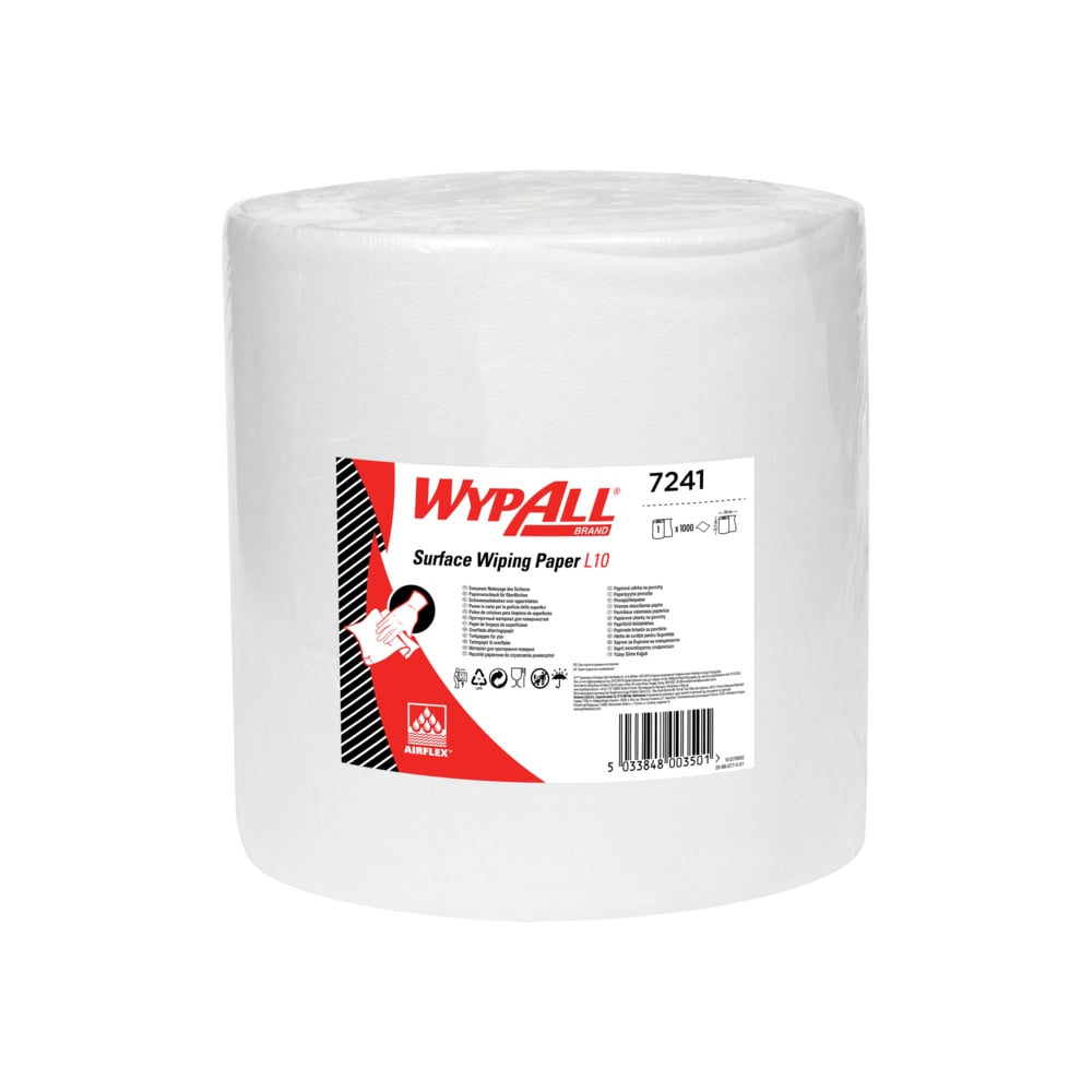 De WypAll® L10 papieren doek voor oppervlakken - Grote rol (Kimberly-Clark GmbH) is een extra brede witte rol (38,00 cm x 32,50 cm), perfect voor grote schoonmaakklussen, met een rood-wit etiket met productinformatie en instructies.