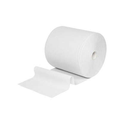 Een grote WypAll® L10 papieren doek voor oppervlakken Grote rol (extra breed, 38,00 cm x 32,50 cm) van Kimberly-Clark GmbH is uitgerold en plat, ideaal voor het reinigen van oppervlakken, afgebeeld op een eenvoudige witte achtergrond.