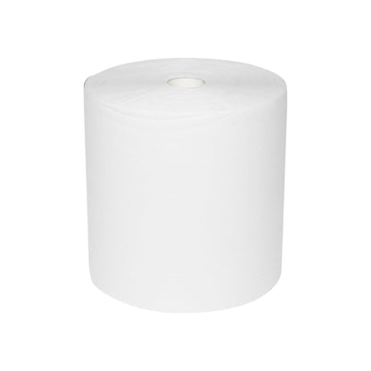 Een grote, witte WypAll® L10 papieren doek voor oppervlakken - Grote rol (extra breed, 38,00 cm x 32,50 cm) van Kimberly-Clark GmbH staat rechtop op een effen witte achtergrond en heeft een kleine kartonnen buis in het midden voor een efficiënte reiniging.