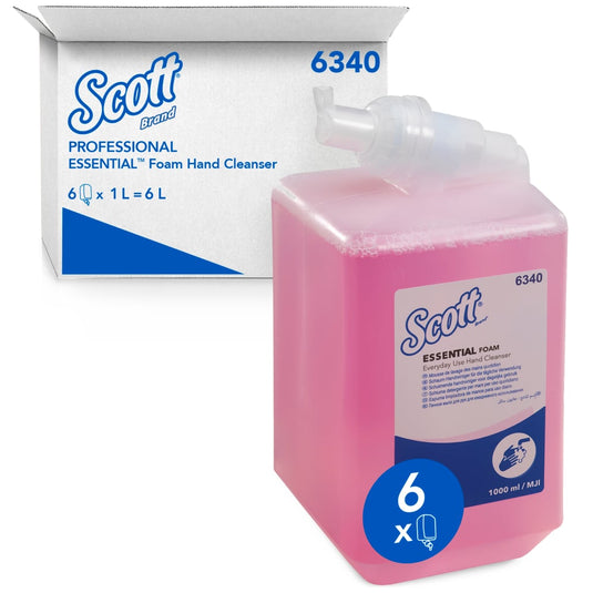 Le savon moussant Scott® Essential™ pour un usage quotidien (1 L, rose, cartouche) de Kimberly-Clark GmbH est disponible en carton contenant 6 cartouches, soit un total de 6 litres de recharge pour votre hygiène des mains.