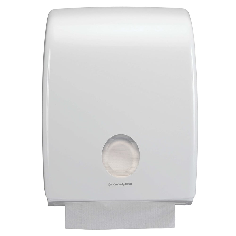 Le distributeur Aquarius™ pour serviettes pliées de Kimberly-Clark GmbH en blanc est idéal pour les formats pliés en C et est livré en tant que 1 distributeur dans le carton.