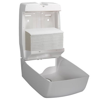 Un distributeur mural blanc Kimberly-Clark Aquarius™ pour serviettes pliées (pliage en C) avec couvercle ouvert et serviettes en papier à l'intérieur - idéal pour la distribution hygiénique de serviettes. 1 distributeur, blanc.