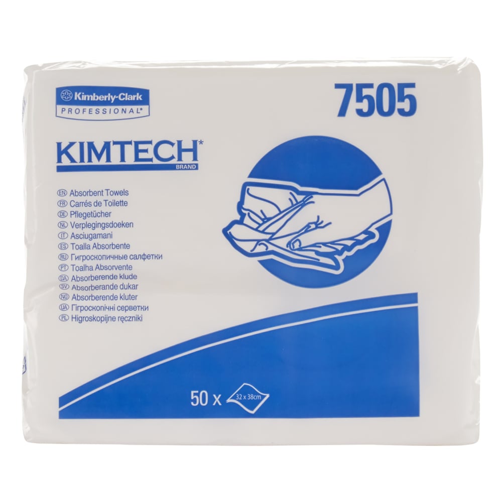 Ein Karton enthält 20 Beutel Kimtech® Saugfähige Pflegetücher von Kimberly-Clark GmbH mit je 50 weißen, saugfähigen Tüchern (32 x 38 cm). Die Verpackung ist weiß mit blauem Text, Grafiken und Händen, die ein Handtuch halten.