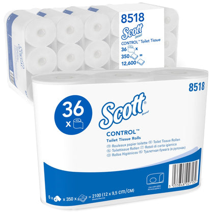 Eine Packung Scott® Control™ Toilettenpapier von Kimberly-Clark GmbH enthält 6 Packungen mit je 6 weißen Rollen zu 350 Blatt; die Verpackung hebt die Hygiene hervor und zeigt Produktdetails.