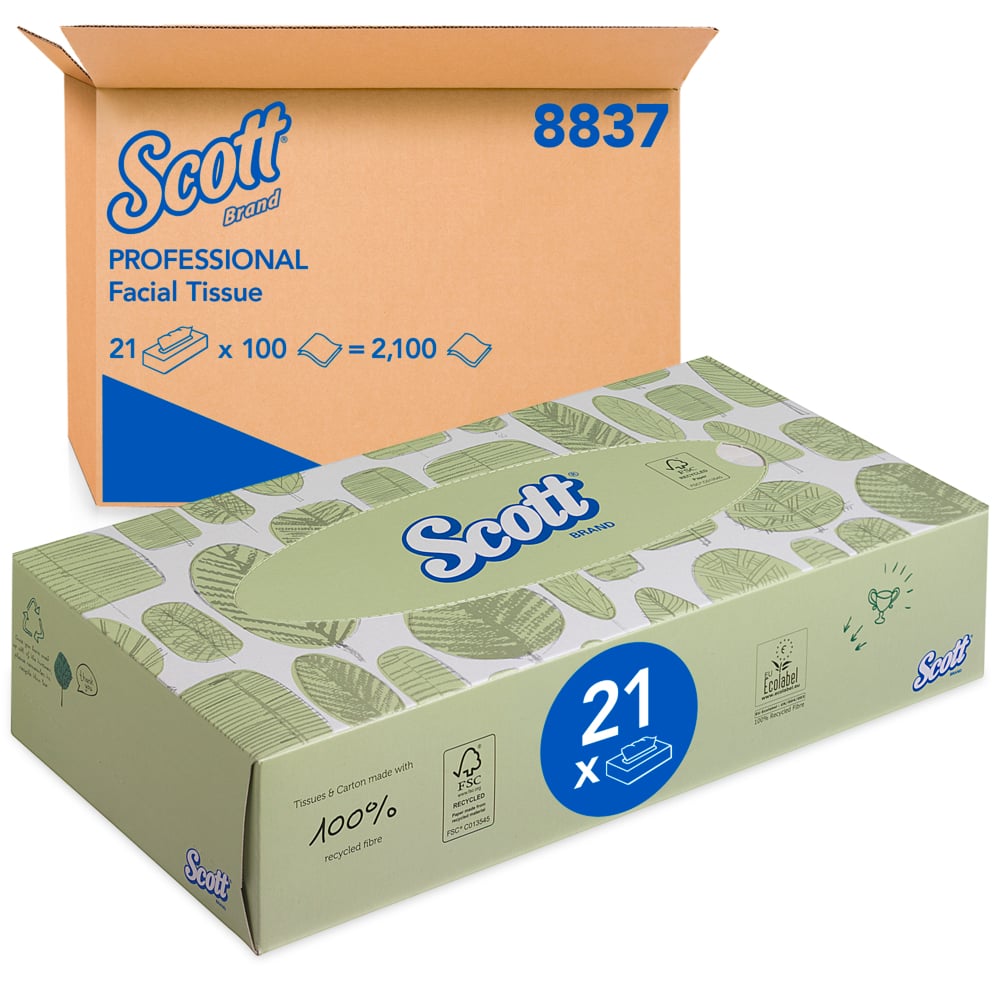 Eine Packung Scott® Kosmetiktücher von Kimberly-Clark GmbH enthält 21 weiße Spenderboxen mit je 100 Blatt - ideal für weiche Tücher.