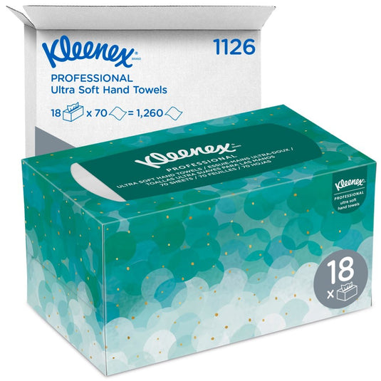 Une boîte de mouchoirs Kleenex® Ultra™ Interfold (blancs, taille moyenne, 70 pièces) de la société Kimberly-Clark GmbH est représentée devant un carton d'expédition blanc portant les inscriptions « 1126 » et « 18 x 70 = 1 260 », dans lequel se trouvent 18 paquets d'hygiène.