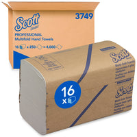 Op de afbeelding is een pakje Scott®-handdoekjes – MultiFold / Wit van Kimberly-Clark GmbH te zien voor een doos waarop het merk, de productnaam en 16 pakjes van elk 250 vellen zijn vermeld.
