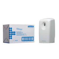 Un diffuseur d'air frais Aquarius™ blanc de la société Kimberly-Clark GmbH est posé à côté de son emballage de marque et propose des solutions pour rafraîchir l'air de n'importe quelle pièce.