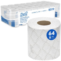 Het Scott® Essential™-toiletpapier van Kimberly-Clark GmbH bevat 8 verpakkingen met elk 8 kleine rollen, in totaal 64 rollen met 350 vellen per rol. Op de voorkant staat een afbeelding van een rol, en op de verpakking worden het merk en de hoeveelheden benadrukt.