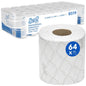 Das Scott® Essential™ Toilettenpapier von Kimberly-Clark GmbH enthält 8 Packungen mit je 8 kleinen Rollen, insgesamt 64 Rollen mit 350 Blatt pro Rolle. Eine Rolle ist auf der Vorderseite abgebildet, und die Verpackung hebt das Branding und die Mengenangaben hervor.