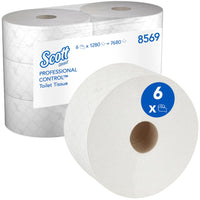 Een verpakking Scott® Control™ toiletpapier van Kimberly-Clark GmbH bevat 6 witte rollen (elk 314 m, 1280 vellen/rol) met centrale afrol en een etiket met productgegevens en een blauw gemarkeerde "6 x".