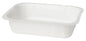 Eine schlichte rechteckige weiße Siegelschalen Karton/PET-Lebensmittelschale der Duni GmbH aus Kunststoff mit leicht gewölbten Rändern, schräg vor weißem Hintergrund dargestellt.