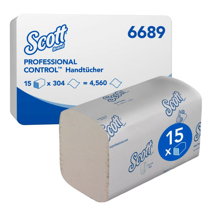 Un carton de serviettes intercalées Scott® Control™ de Kimberly-Clark GmbH, blanc, 15 paquets x 304 feuilles (4 560 au total), est livré dans un emballage blanc et bleu avec l'inscription "6689" pour un séchage des mains efficace.