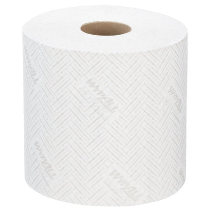 Een enkele rol WypAll® L10 papieren doek van Kimberly-Clark GmbH in het formaat 38,00 cm x 18,30 cm voor centrefeed voor Reach+™ dispenser staat rechtop op een eenvoudige witte achtergrond.