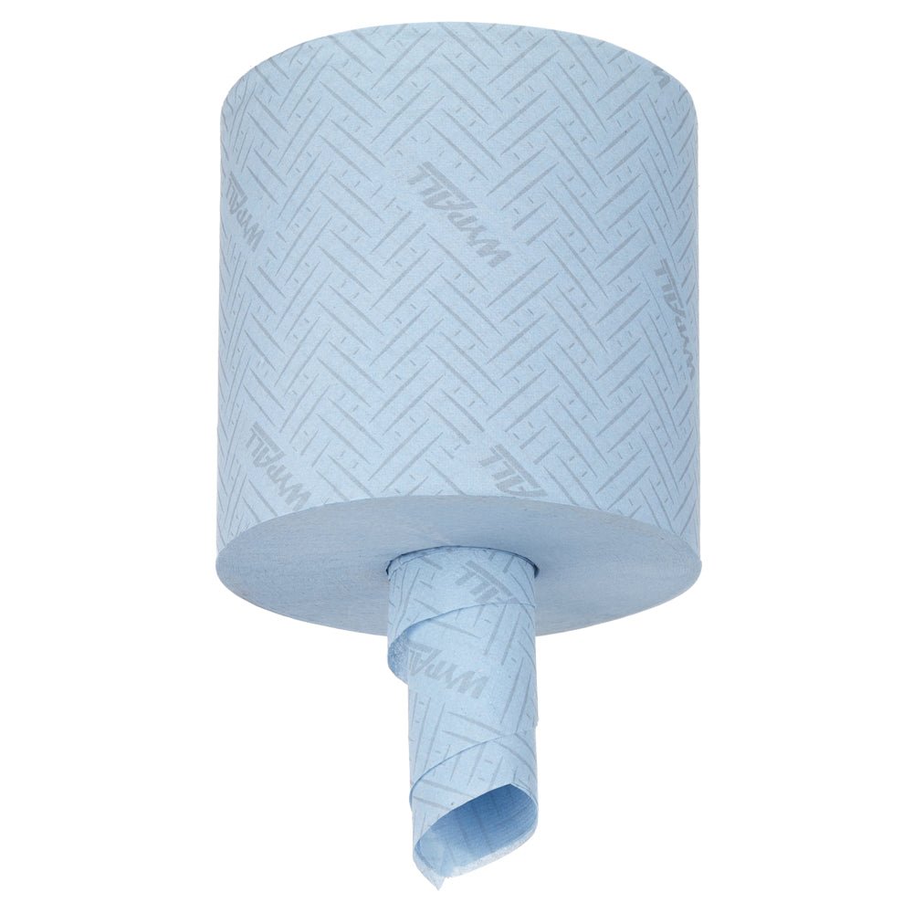 Een groot blauw WypAll® L10 papieren doek van Kimberly-Clark GmbH, 38,00 cm x 18,30 cm, met een gestructureerd patroon en los uiteinde, ideaal als centrefeed voor Reach+™ in service & detailhandel reinigingstoepassingen.