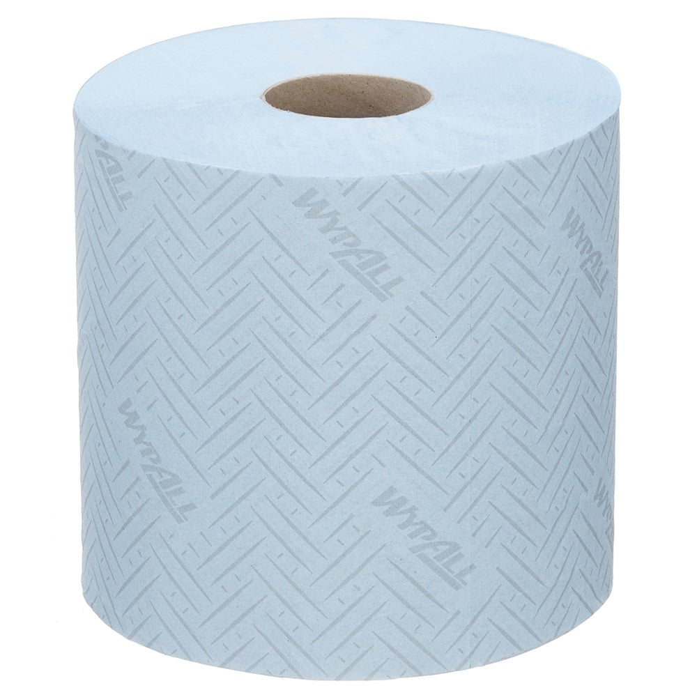 De WypAll® L10 papieren doek (38,00 cm x 18,30 cm) van Kimberly-Clark GmbH is een grote, blauwe industriële centrefeedrol, die ideaal is voor service & detailhandel reiniging met Reach+™ dispenser.